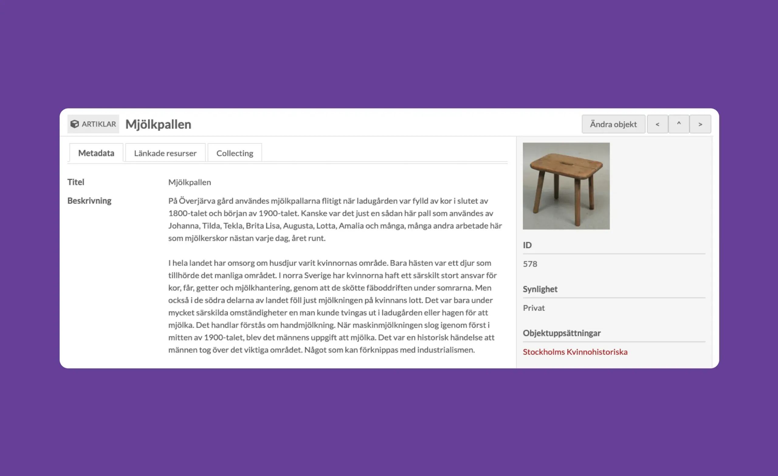 Kvinnohistoriska arkiv, metadata för en bild
